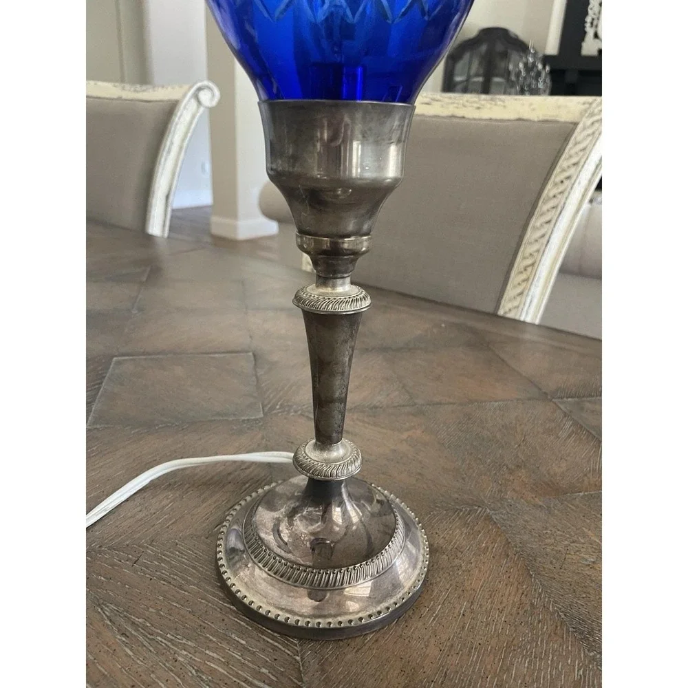International Silver Company Plated Cobalt Blue Cut Crystal Hurricane Lamp 15